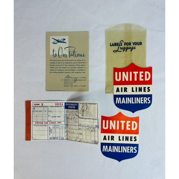 COMPLETE Vintage 1948 United Airline MAINLINER Flight Information Luggage More - Picture 6 of 11